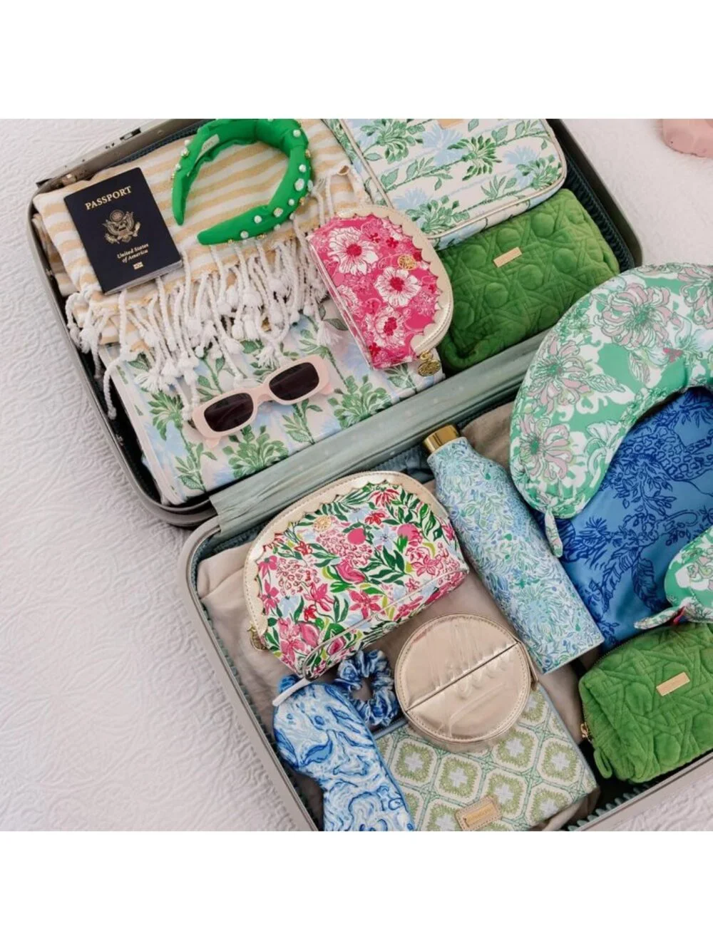Set of 2 Gold Quilted Cosmetic Pouches - Cute Travel Toiletry Bags for Women